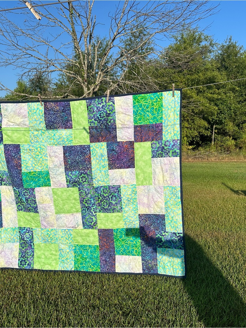 Handmade Patchwork Quilt in Green, Blue, and Purple